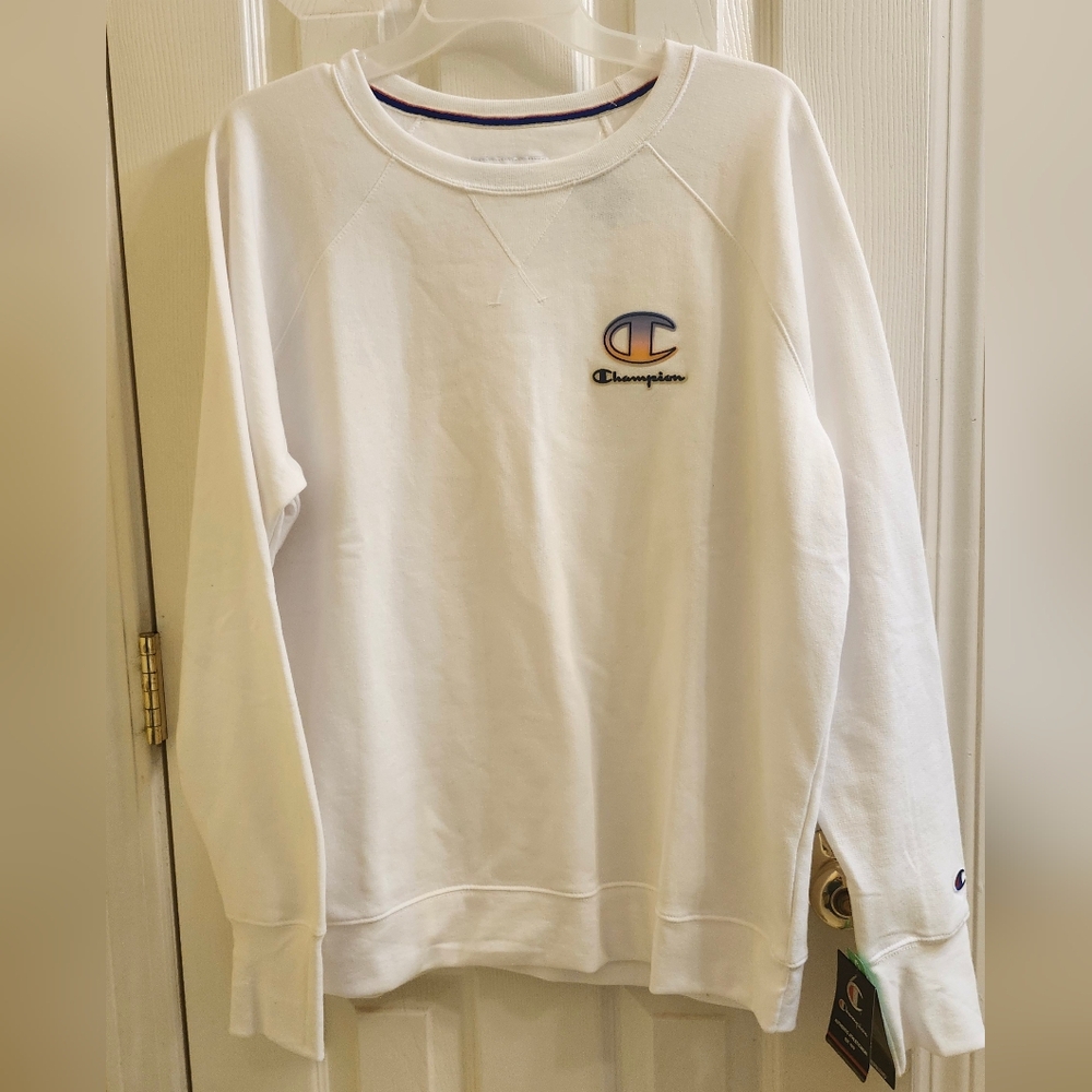 NWT Champion Powerblend Crewneck Sweatshirt White Gradient Logo Size XL